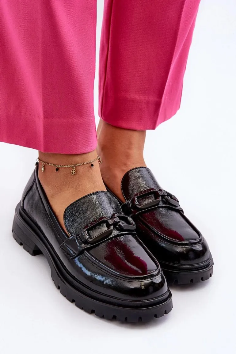 Damskie Lakierowane Mokasyny Ze Skóry Naturalnej Czarne Imbleria