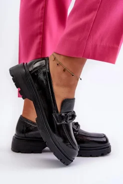 Damskie Lakierowane Mokasyny Ze Skóry Naturalnej Czarne Imbleria