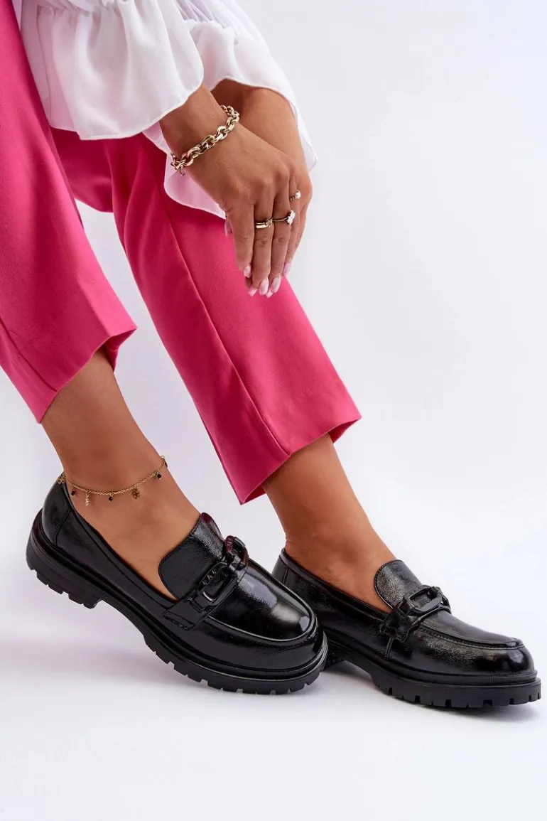 Damskie Lakierowane Mokasyny Ze Skóry Naturalnej Czarne Imbleria