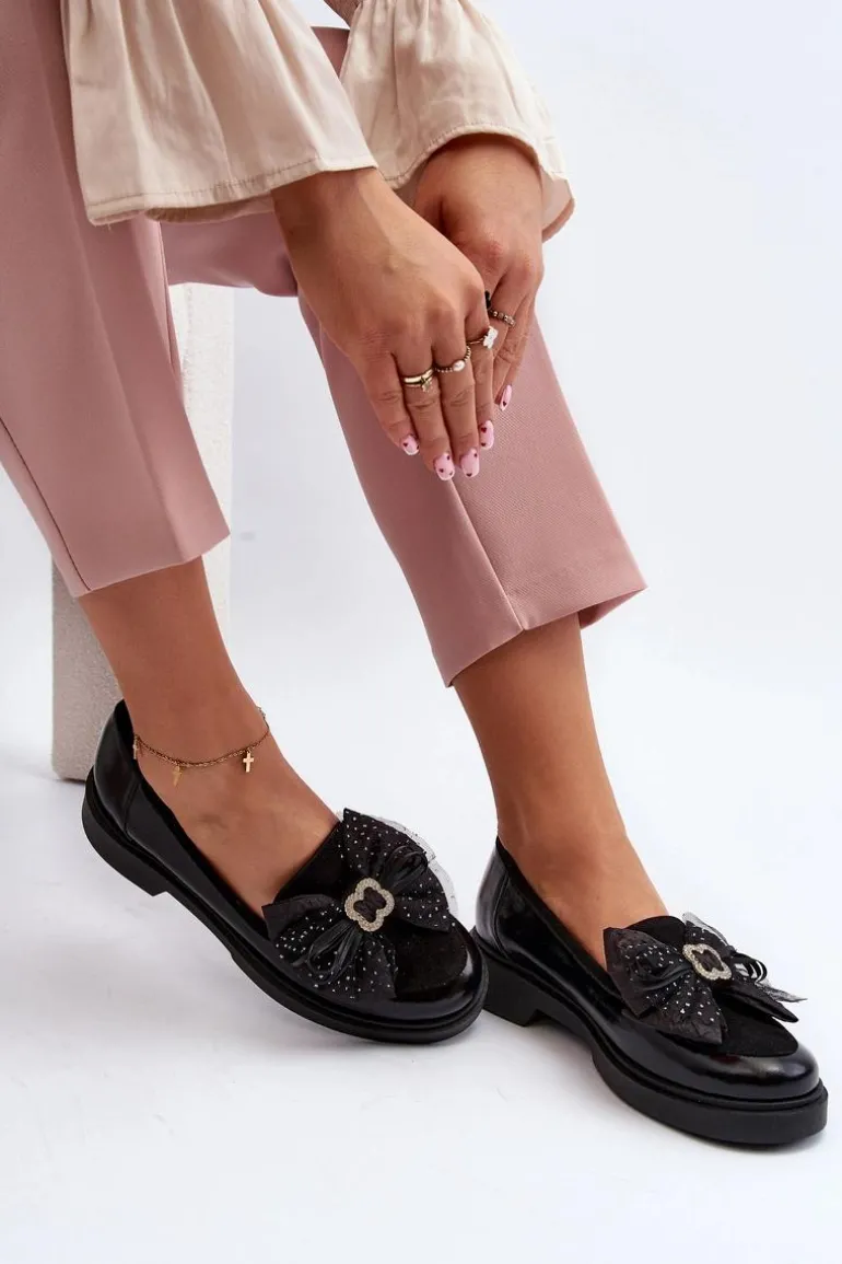 Damskie Lakierowane Mokasyny Z Kokardą Laura Messi 2786 Czarne