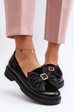 Damskie Lakierowane Mokasyny Z Kokardą Laura Messi 2786 Czarne