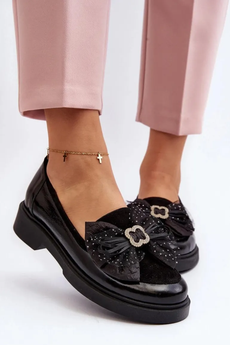 Damskie Lakierowane Mokasyny Z Kokardą Laura Messi 2786 Czarne