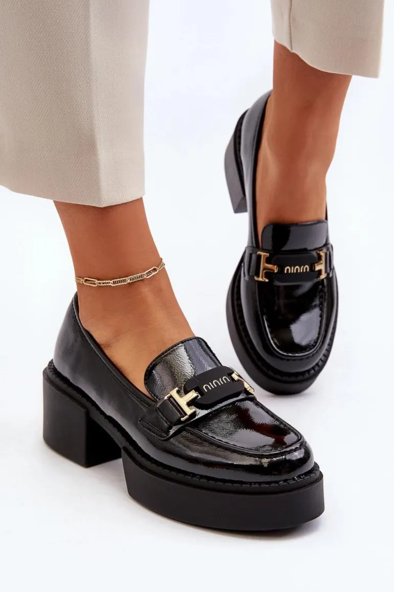 Damskie Lakierowane Mokasyny Na Masywnym Obcasie Czarne Ridulvi