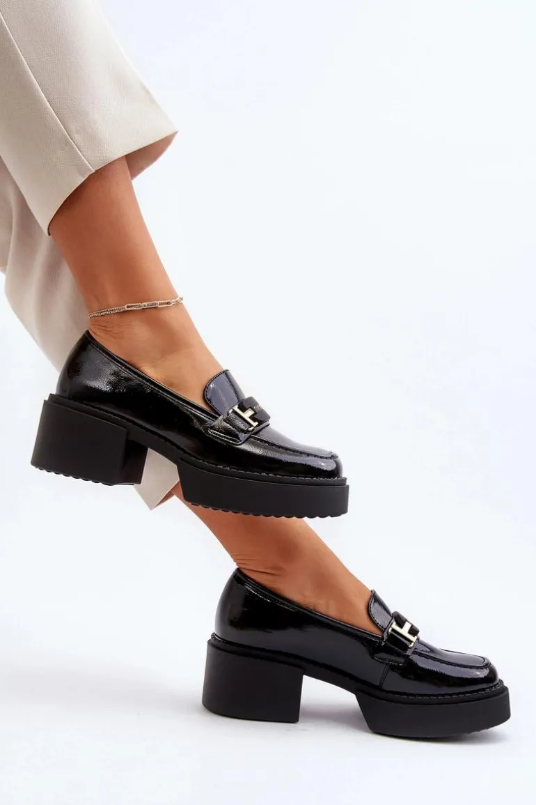 Damskie Lakierowane Mokasyny Na Masywnym Obcasie Czarne Ridulvi
