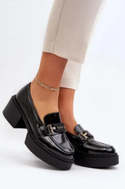 Damskie Lakierowane Mokasyny Na Masywnym Obcasie Czarne Ridulvi