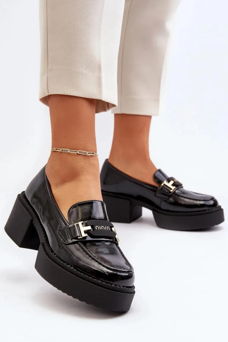 Damskie Lakierowane Mokasyny Na Masywnym Obcasie Czarne Ridulvi