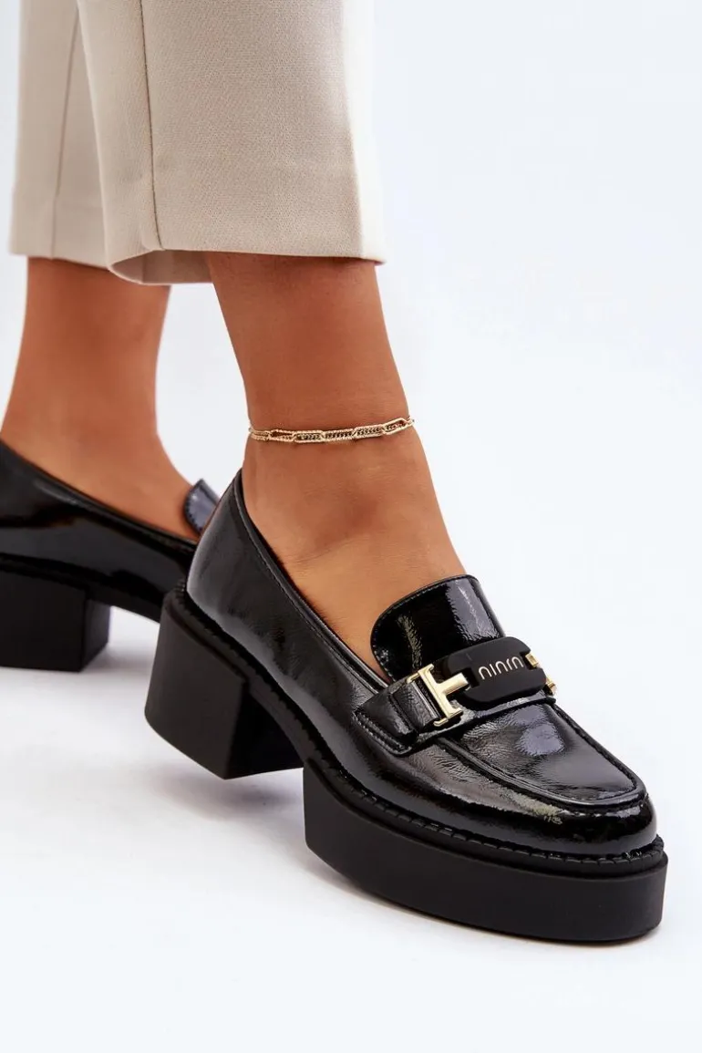 Damskie Lakierowane Mokasyny Na Masywnym Obcasie Czarne Ridulvi