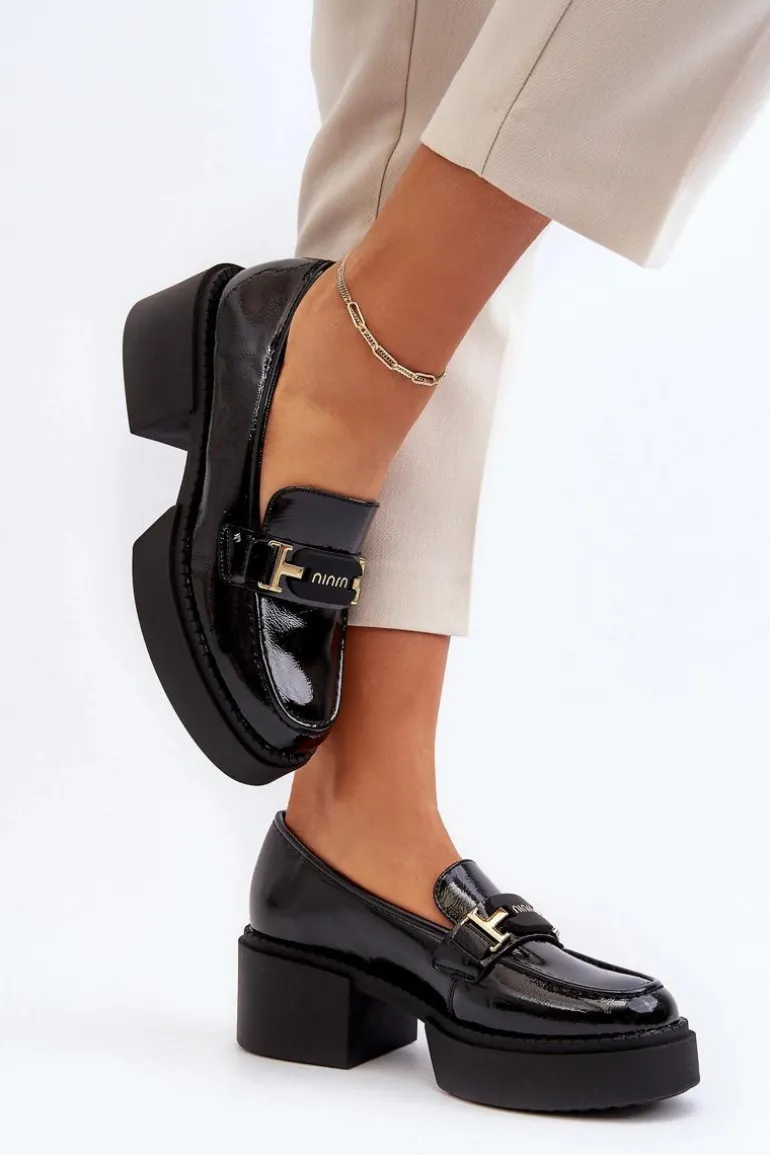 Damskie Lakierowane Mokasyny Na Masywnym Obcasie Czarne Ridulvi