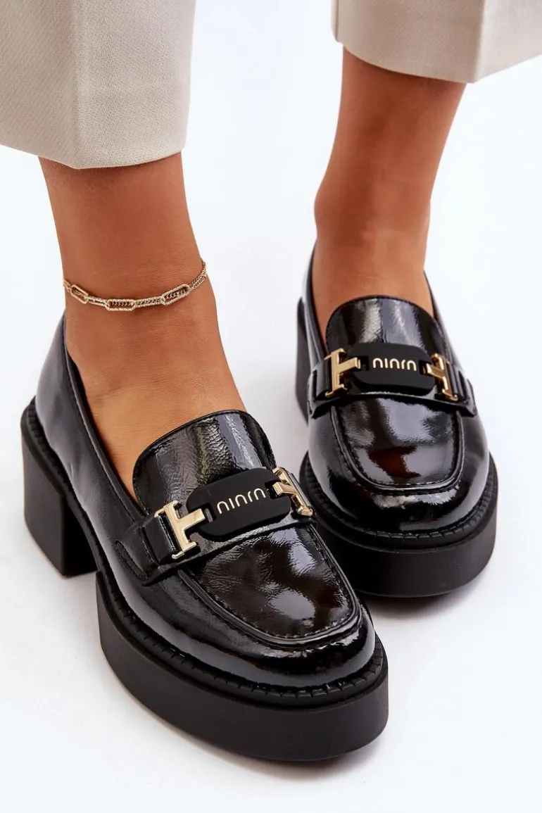 Damskie Lakierowane Mokasyny Na Masywnym Obcasie Czarne Ridulvi