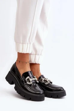 Damskie Lakierowane Mokasyny Z Ozdobą Czarne Arsaba