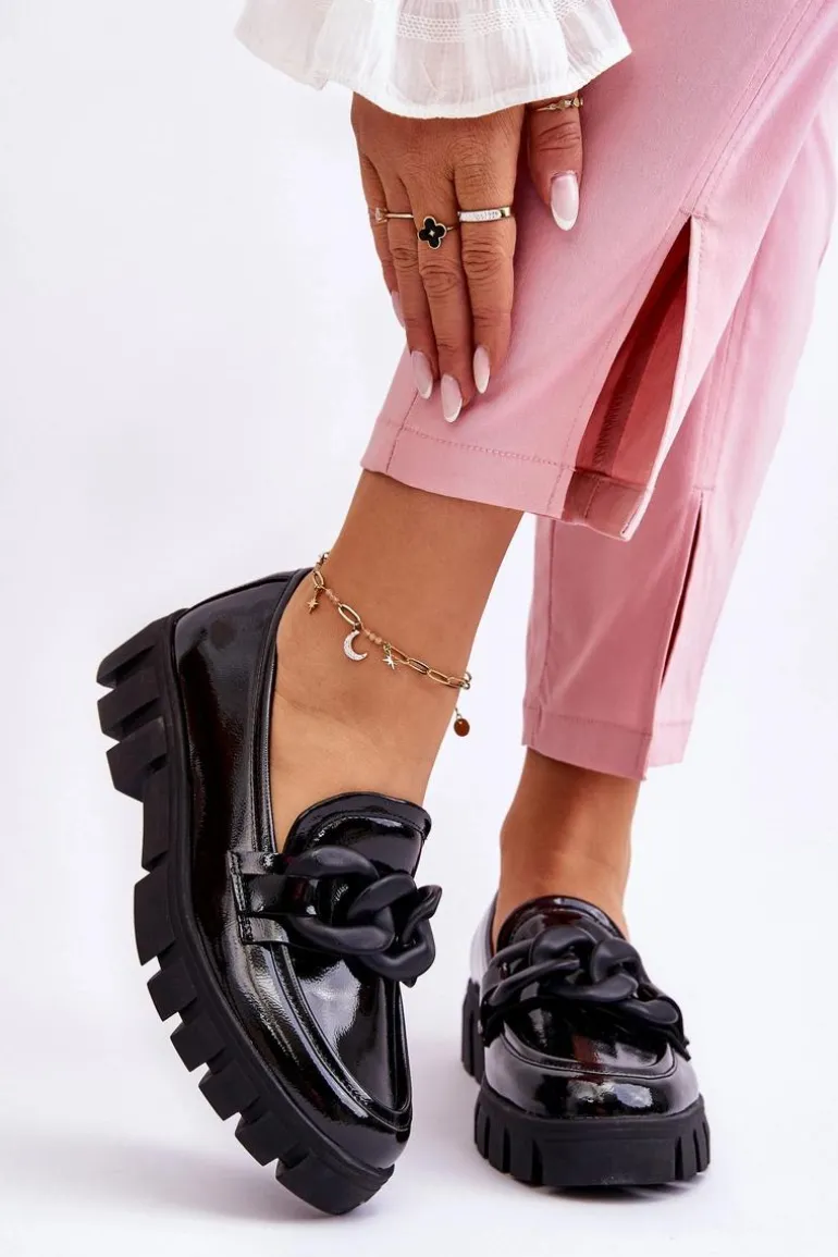 Damskie Lakierowane Mokasyny Na Platformie Czarne Bennett