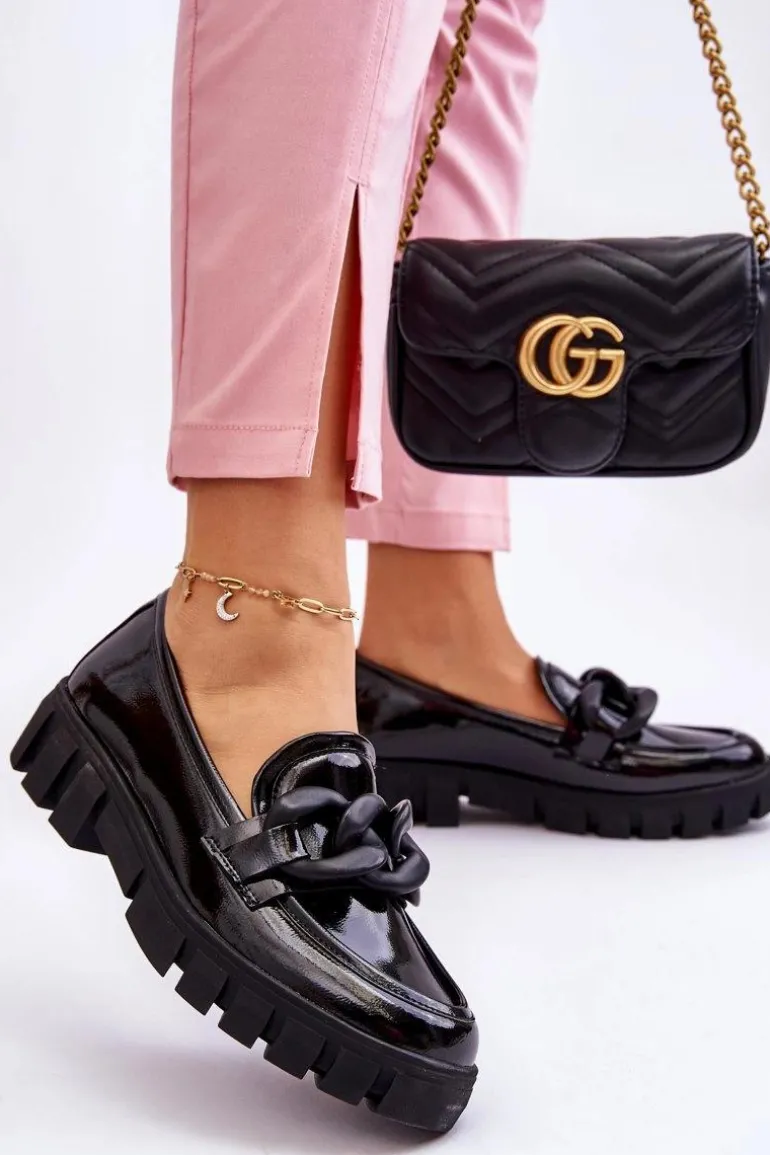 Damskie Lakierowane Mokasyny Na Platformie Czarne Bennett