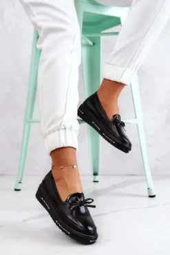 Damskie Lakierowane Mokasyny Na Koturnie Czarne Frilly