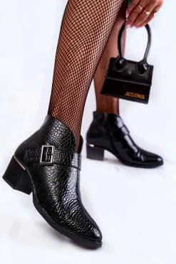 Damskie Lakierowane Ocieplane Botki Czarne Hege