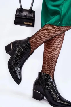 Damskie Lakierowane Ocieplane Botki Czarne Hege