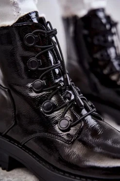 Damskie Lakierowane Ocieplane Botki Ze Ściągaczem Czarne Helia