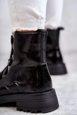 Damskie Lakierowane Ocieplane Botki Ze Ściągaczem Czarne Helia