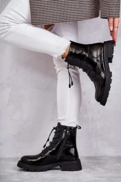 Damskie Lakierowane Ocieplane Botki Ze Ściągaczem Czarne Helia