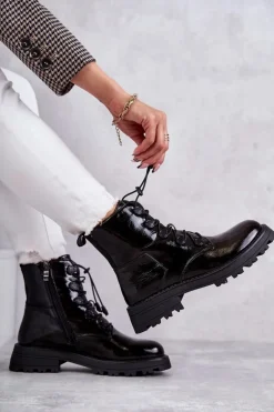 Damskie Lakierowane Ocieplane Botki Ze Ściągaczem Czarne Helia