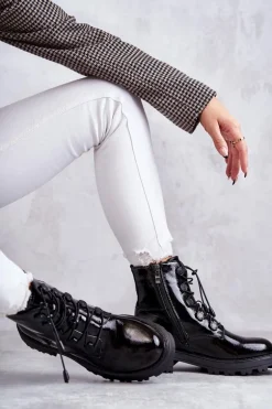 Damskie Lakierowane Ocieplane Botki Ze Ściągaczem Czarne Helia