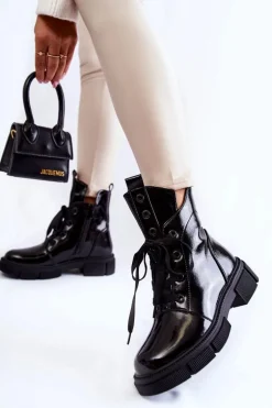 Damskie Lakierowane Ocieplane Botki Workery Czarne Efemia