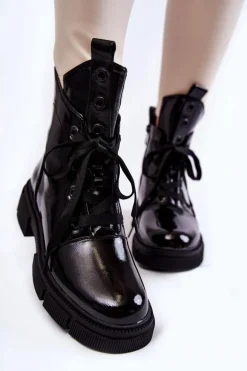 Damskie Lakierowane Ocieplane Botki Workery Czarne Efemia