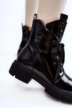 Damskie Lakierowane Ocieplane Botki Workery Czarne Efemia