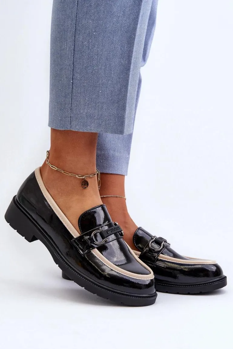 Damskie Lakierowane Półbuty Mokasyny S.Barski HY336A Czarne