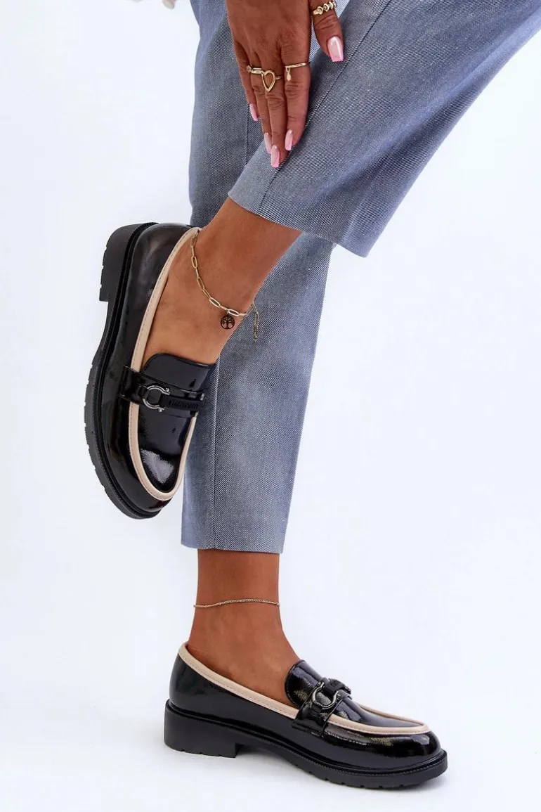 Damskie Lakierowane Półbuty Mokasyny S.Barski HY336A Czarne