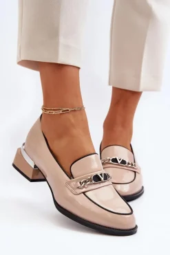 Damskie Lakierowane Półbuty Na Niskim Obcasie Beżowe Albreide