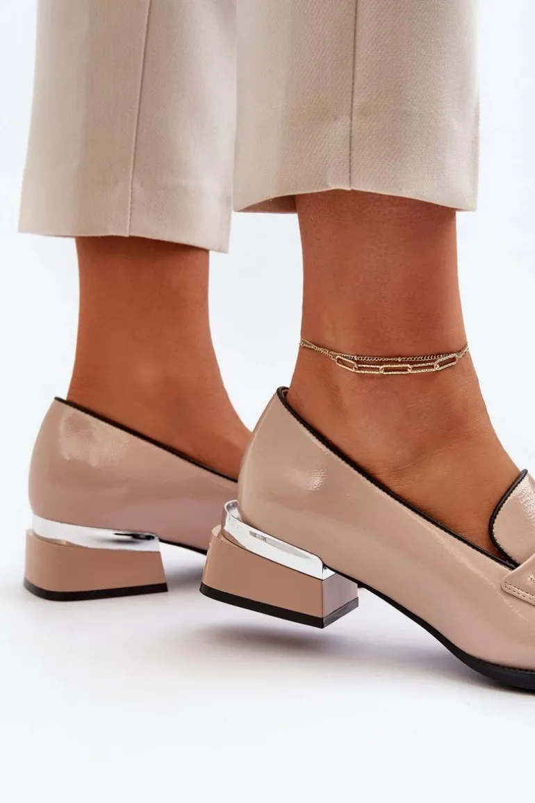 Damskie Lakierowane Półbuty Na Niskim Obcasie Beżowe Albreide