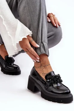 Damskie Lakierowane Półbuty Z Ozdobą Czarne Renesma