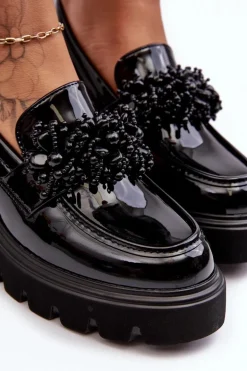 Damskie Lakierowane Półbuty Z Ozdobą Czarne Renesma