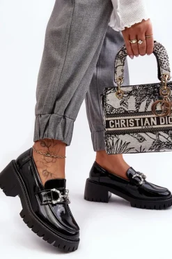 Damskie Lakierowane Półbuty Na Masywnym Obcasie Czarne Lemmitty