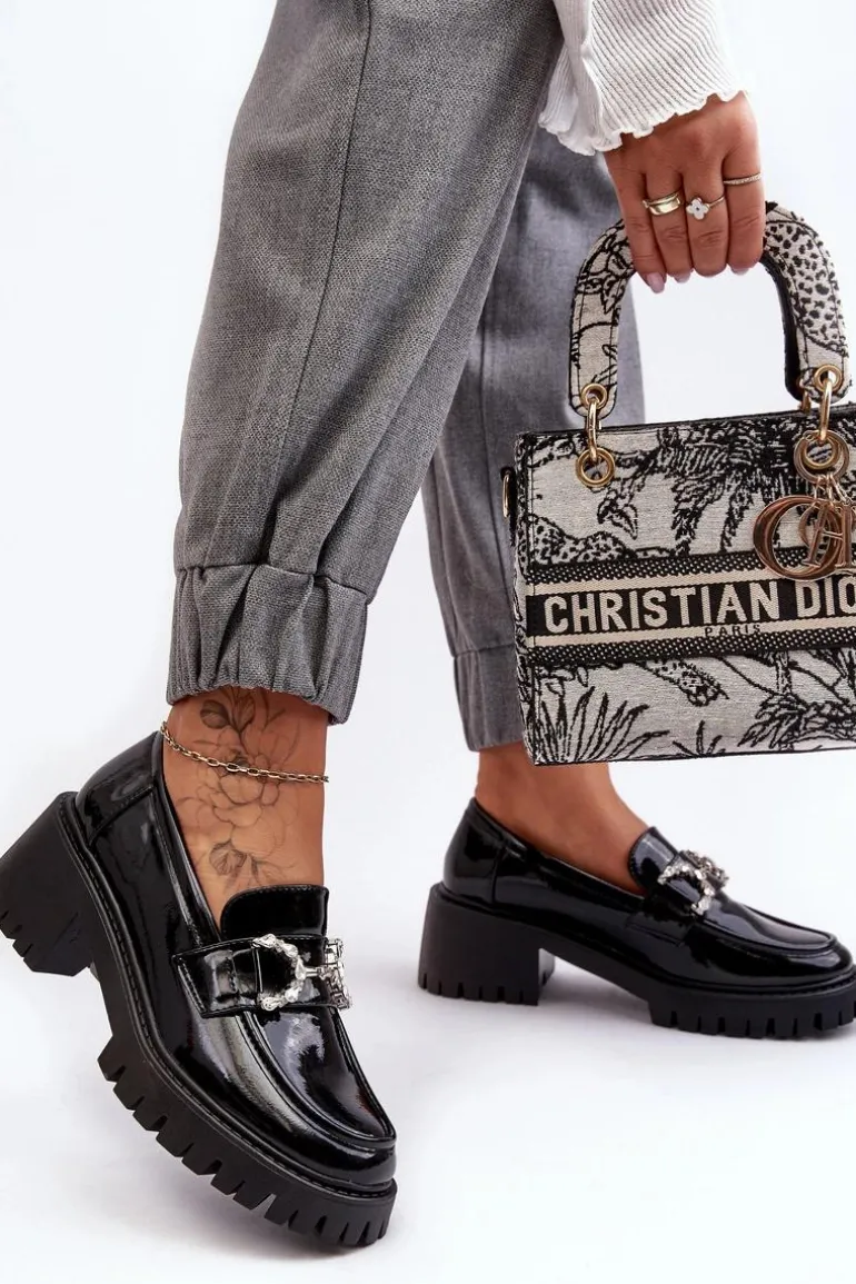 Damskie Lakierowane Półbuty Na Masywnym Obcasie Czarne Lemmitty