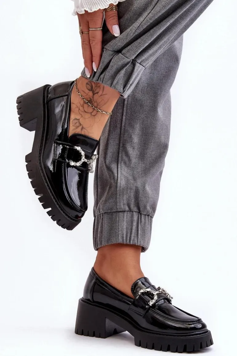 Damskie Lakierowane Półbuty Na Masywnym Obcasie Czarne Lemmitty