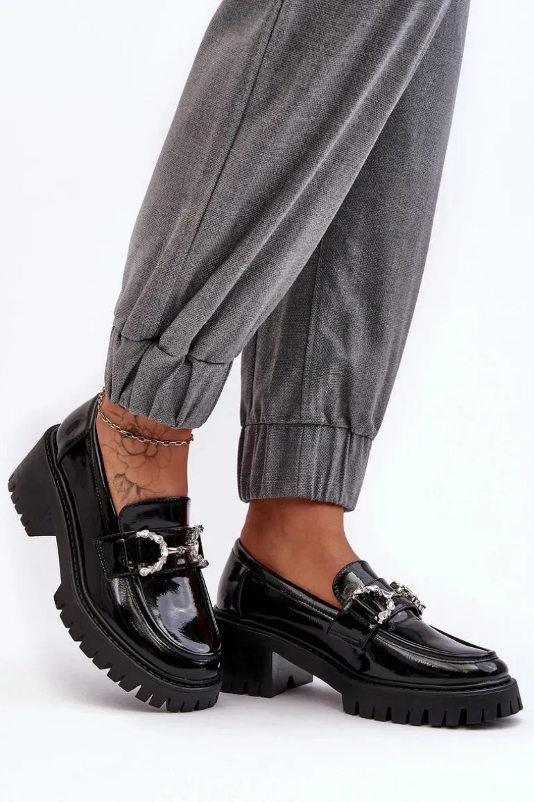 Damskie Lakierowane Półbuty Na Masywnym Obcasie Czarne Lemmitty