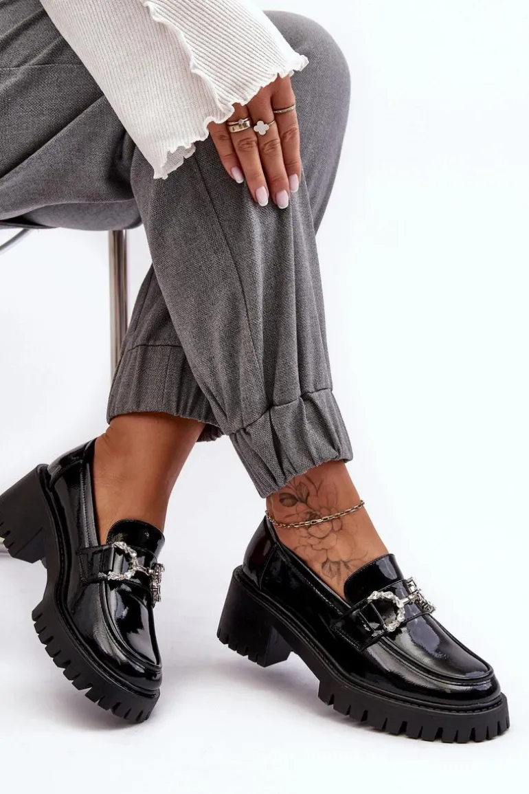 Damskie Lakierowane Półbuty Na Masywnym Obcasie Czarne Lemmitty