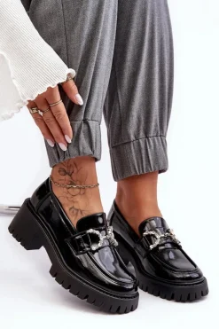 Damskie Lakierowane Półbuty Na Masywnym Obcasie Czarne Lemmitty