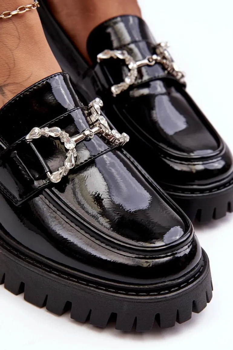 Damskie Lakierowane Półbuty Na Masywnym Obcasie Czarne Lemmitty