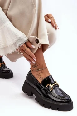 Damskie Lakierowane Półbuty Loafery Z Ozdobą Czarne Peuria