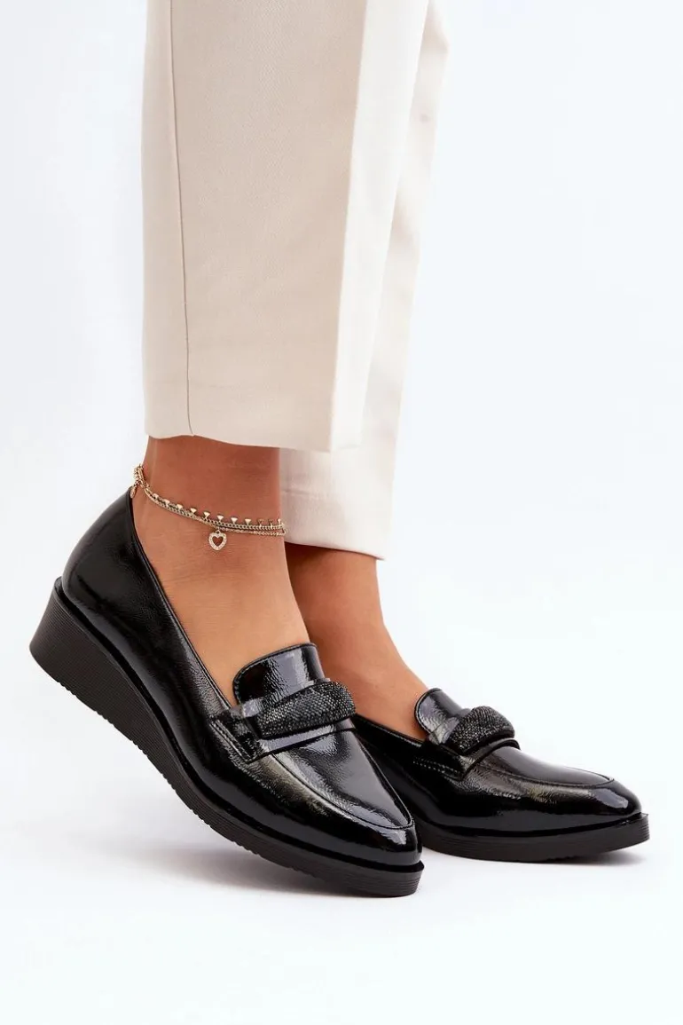 Damskie Lakierowane Półbuty Loafery Czarne Polike