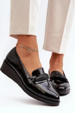 Damskie Lakierowane Półbuty Loafery Czarne Polike