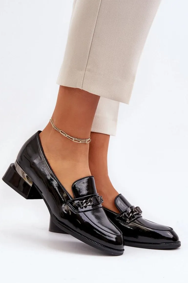 Damskie Lakierowane Półbuty Na Niskim Obcasie Czarne Albreide