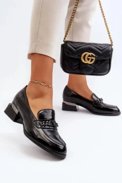 Damskie Lakierowane Półbuty Na Niskim Obcasie Czarne Albreide