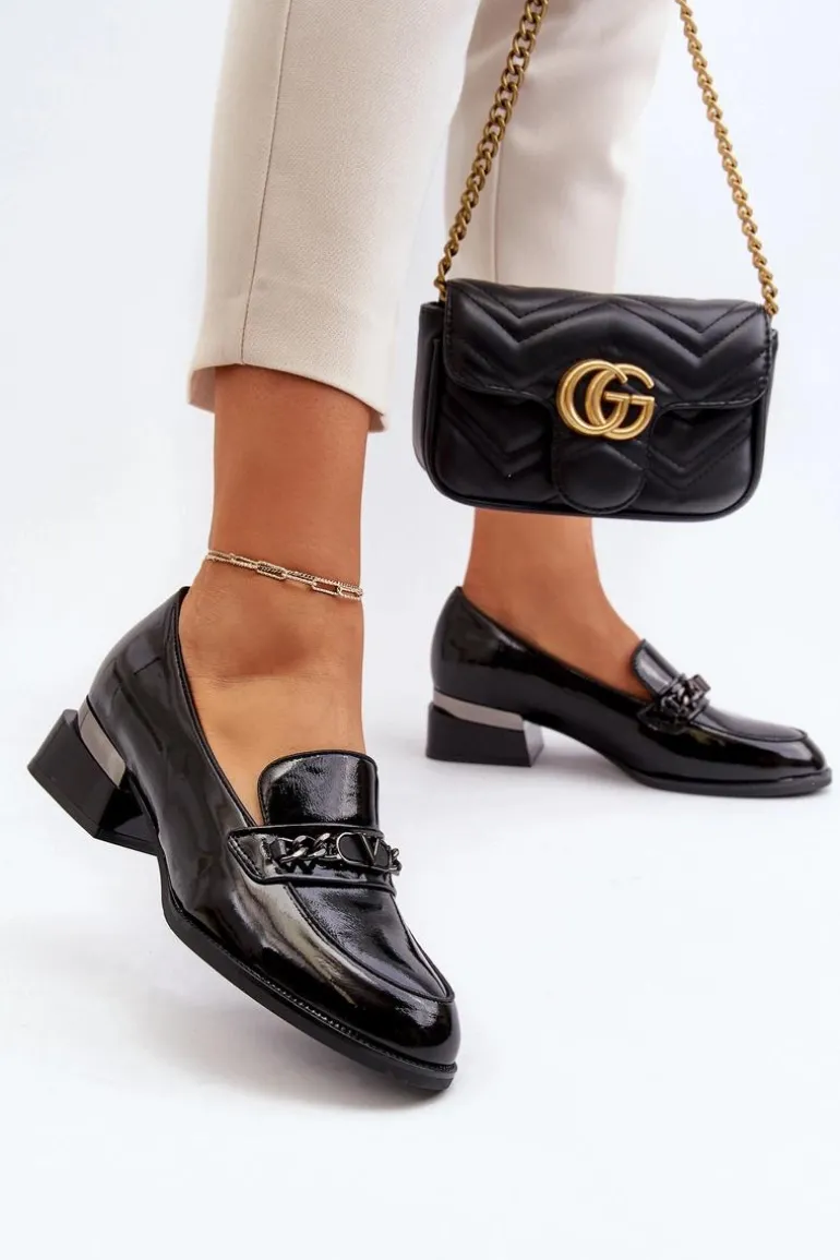 Damskie Lakierowane Półbuty Na Niskim Obcasie Czarne Albreide