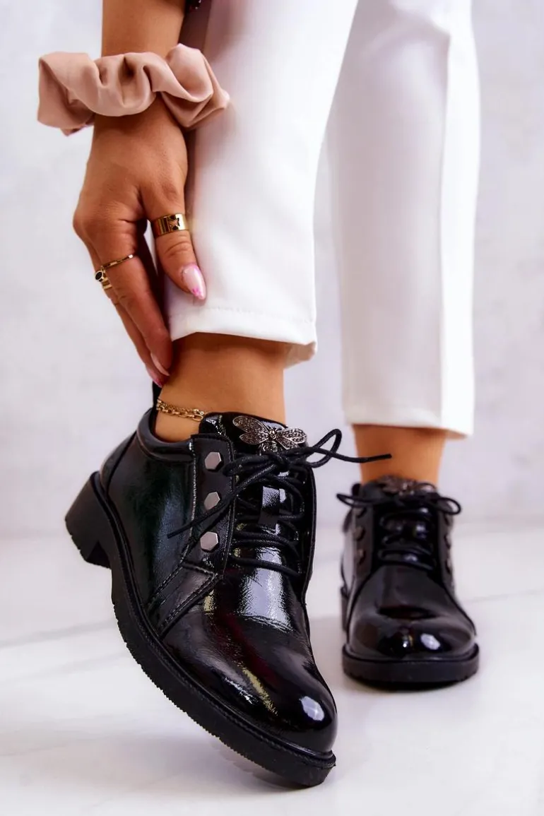 Damskie Lakierowane Półbuty Z Ozdobą Czarne Harvey