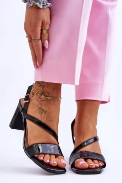 Damskie Lakierowane Sandały Na Słupku Czarne Carrie