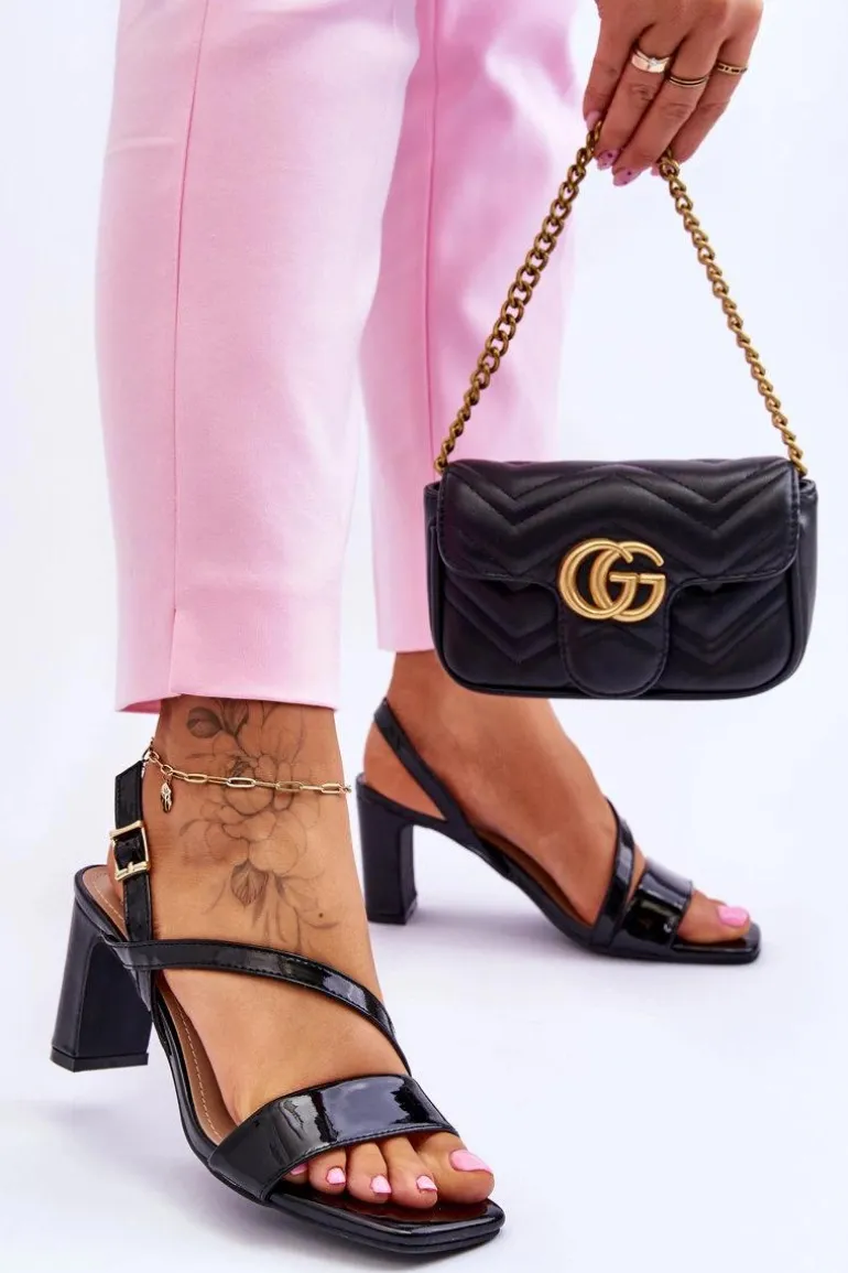 Damskie Lakierowane Sandały Na Słupku Czarne Carrie