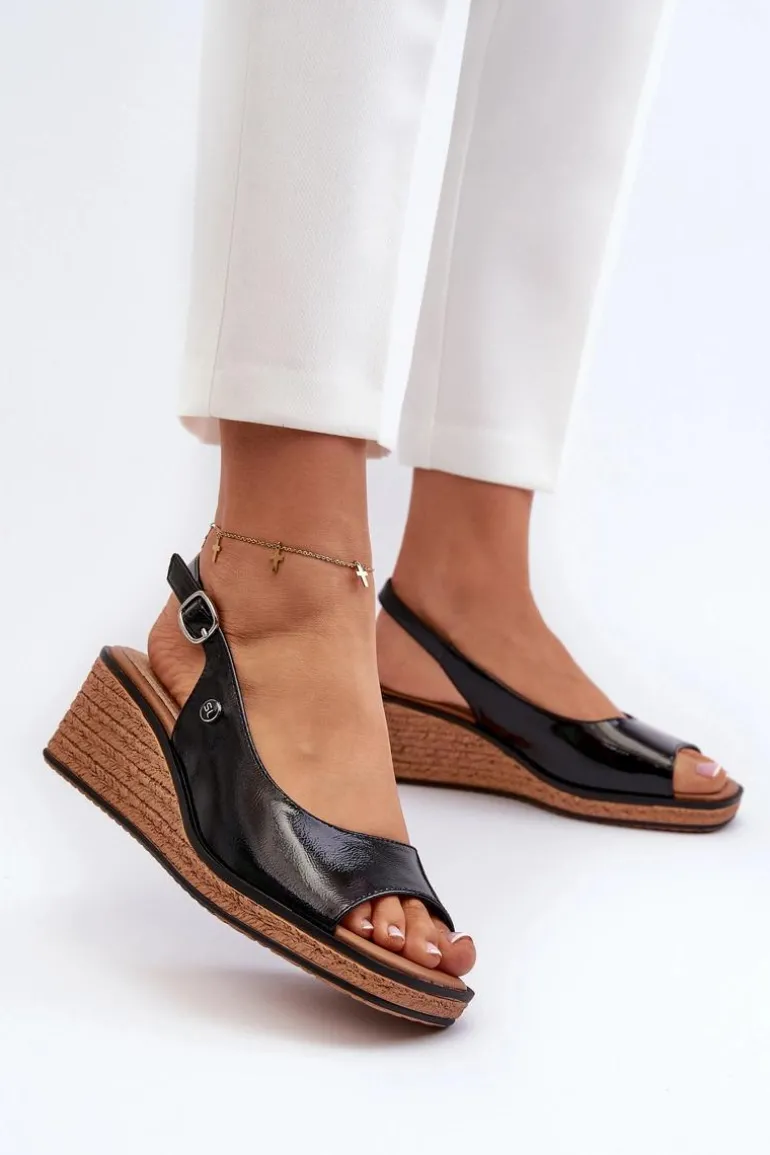 Damskie Lakierowane Sandały Na Koturnie Sergio Leone SK301 Czarne